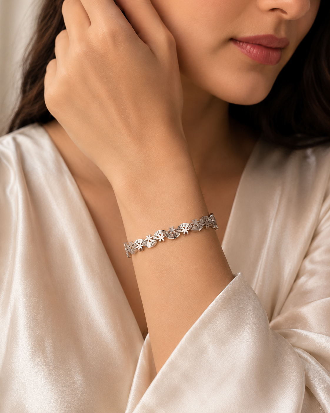 Elegant Floral Wave Silver Bracelet