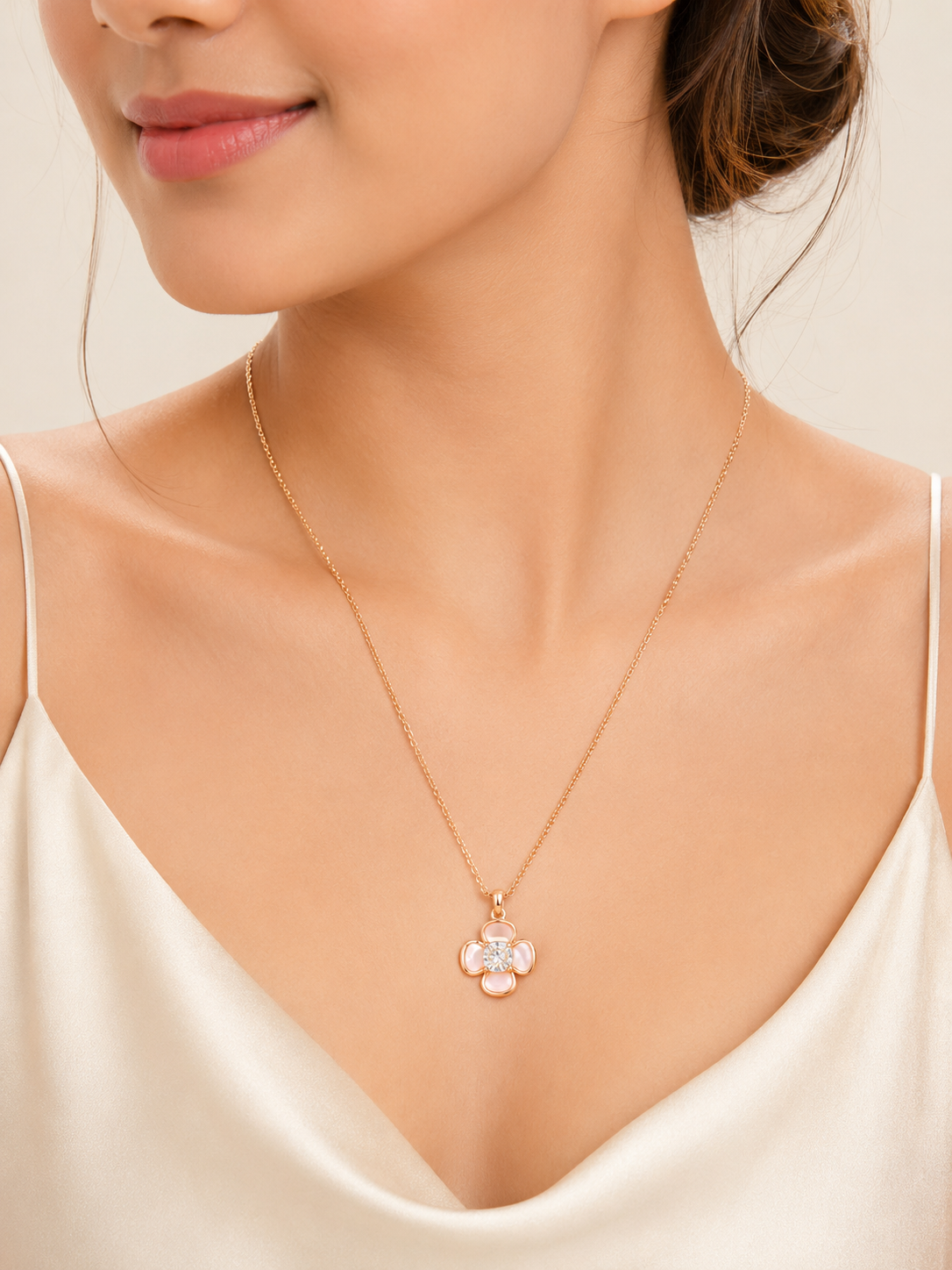 Rose Gold Floral Crystal Pendant Necklace