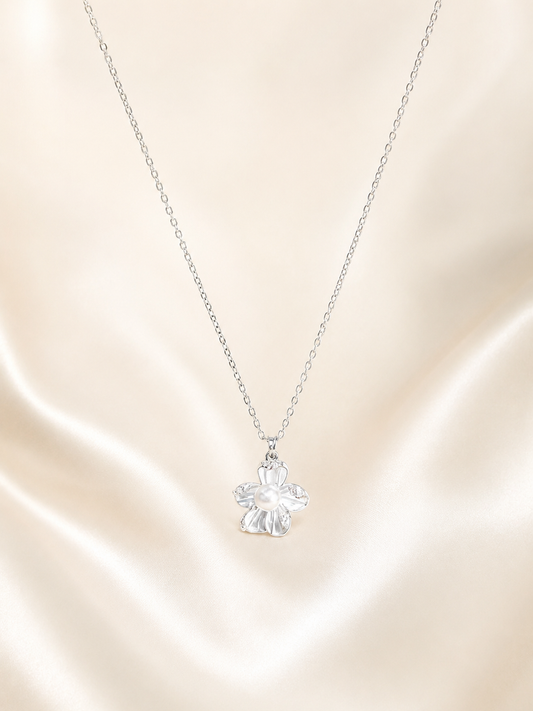 Silver Bloom Pearl Flower Pendant Necklace