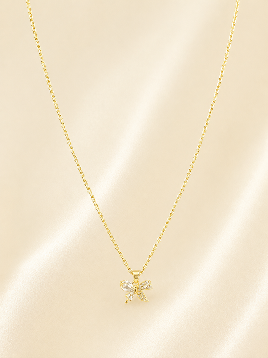 Golden Crystal Bow Pendant Necklace