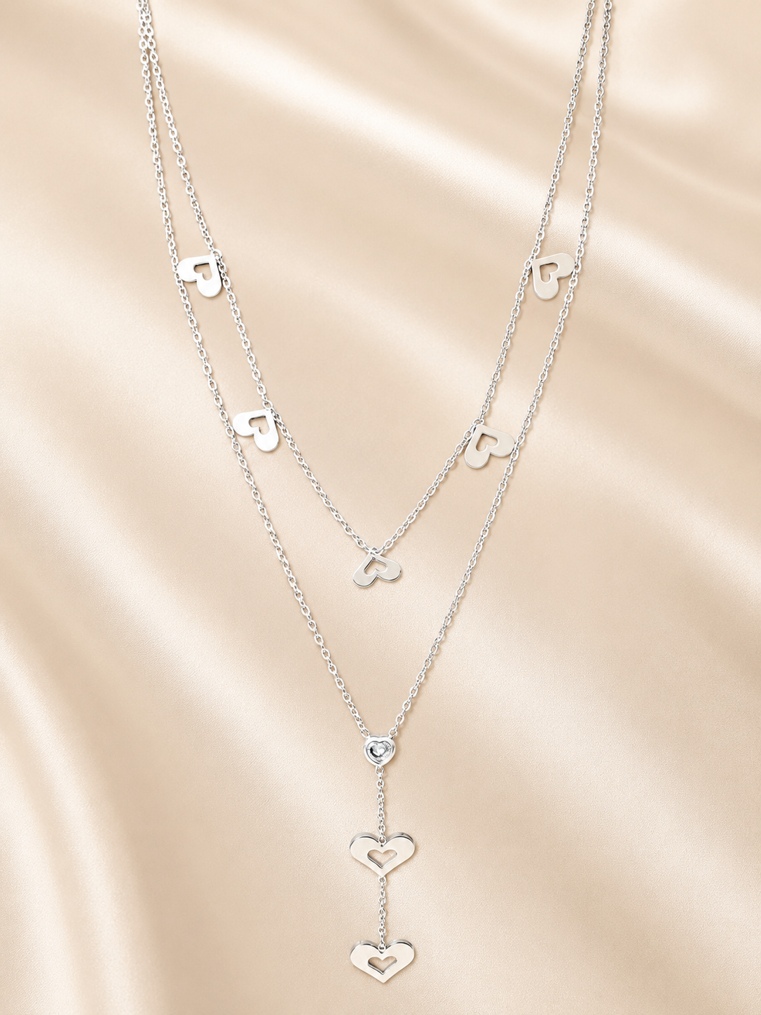 Silver Heart Cascade Layered Necklace