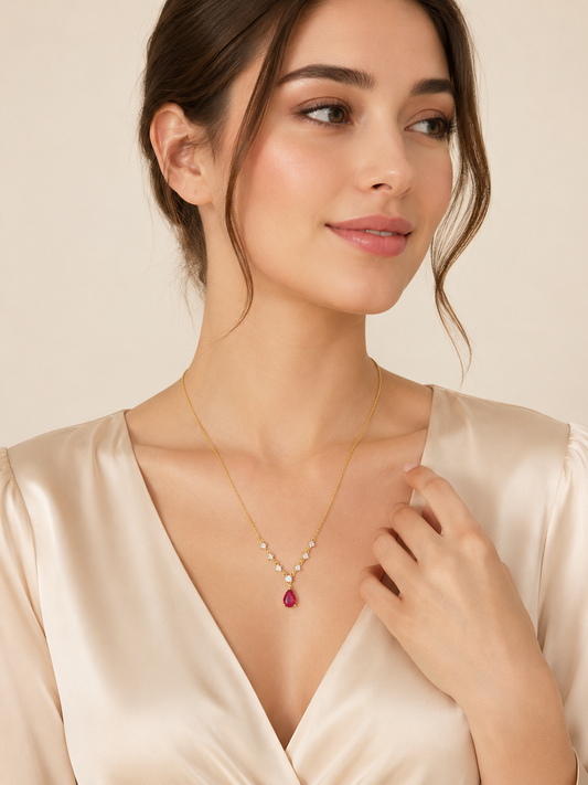 Ruby Drop Crystal Pendant Necklace