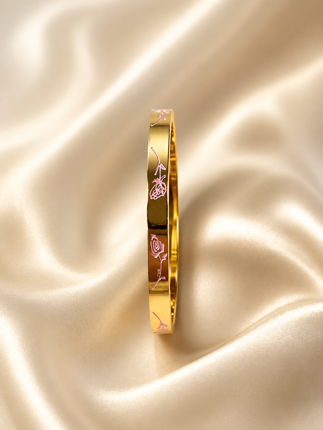 Elegant Rose Engraved Gold Bangle Bracelet