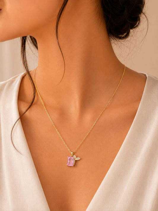 Pink Crystal Butterfly Gold Pendant Necklace