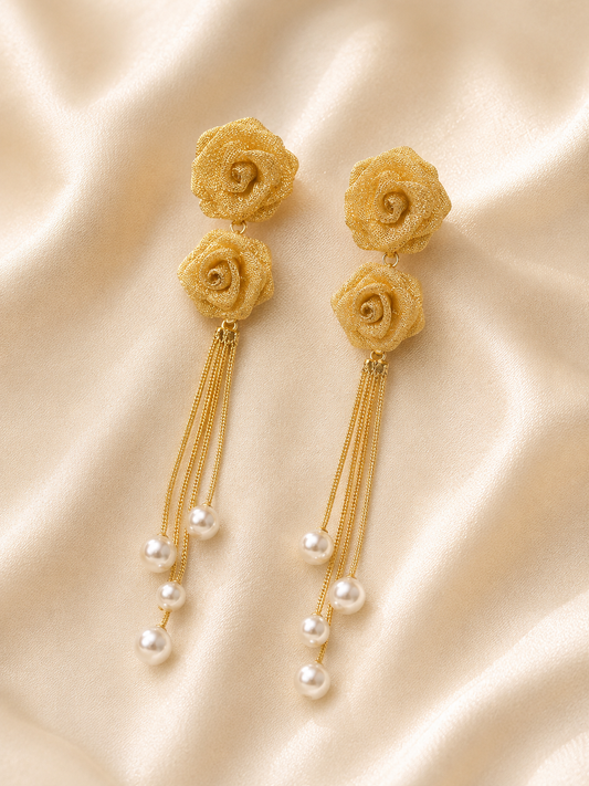Luxury Golden Rose Pearl Tassel Earrings